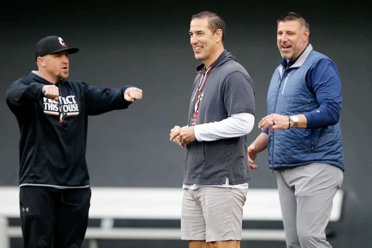 Cincinnati Bearcats head coach Luke Fickell takes the field during a spring practice at Nippert Stadium in Cincinnati on Thursday, March 24, 2022. Cincinnati Bearcats Spring Practice